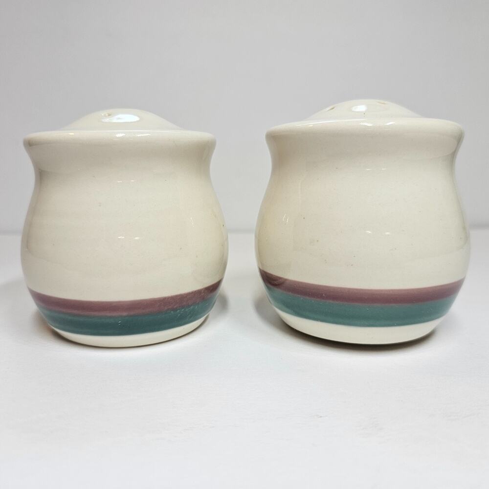 Pfaltzgraff Juniper Salt and Pepper Shaker Set Stoneware Purple Teal Cream